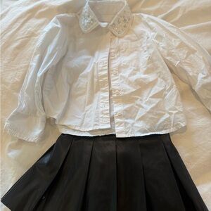 Jcrew White Blouse with Embellished Collar and Black faux leather skirt